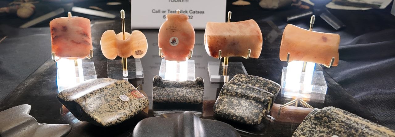 Barn Burner Relics bannerstone collection — pink slate and granite pieces, photographed for the Monday showcase